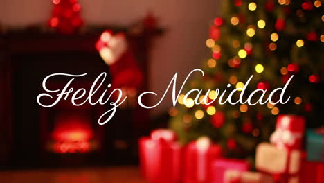 Animation-of-feliz-navidad-over-christmas-presents-and-tree