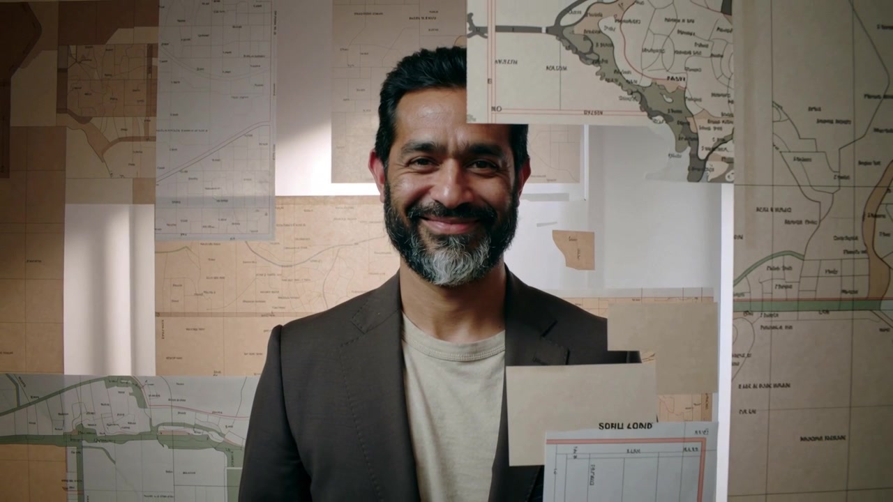 Uomo sorridente in blazer scuro che reagisce a pannelli di mappe scorrevoli in uno studio, presentando mappe