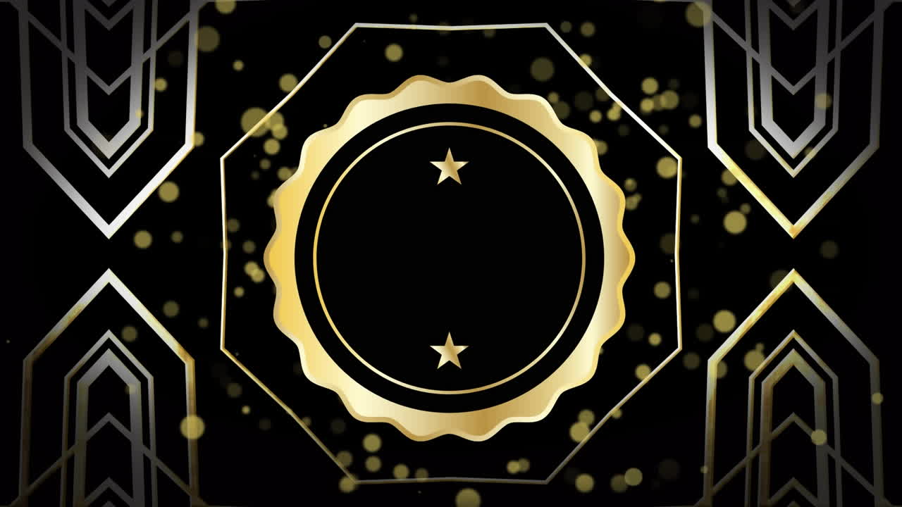 움직이는 황금 점 위에 별과 검은 바탕에 기하학적 모양을 가진 메달의 애니메이션