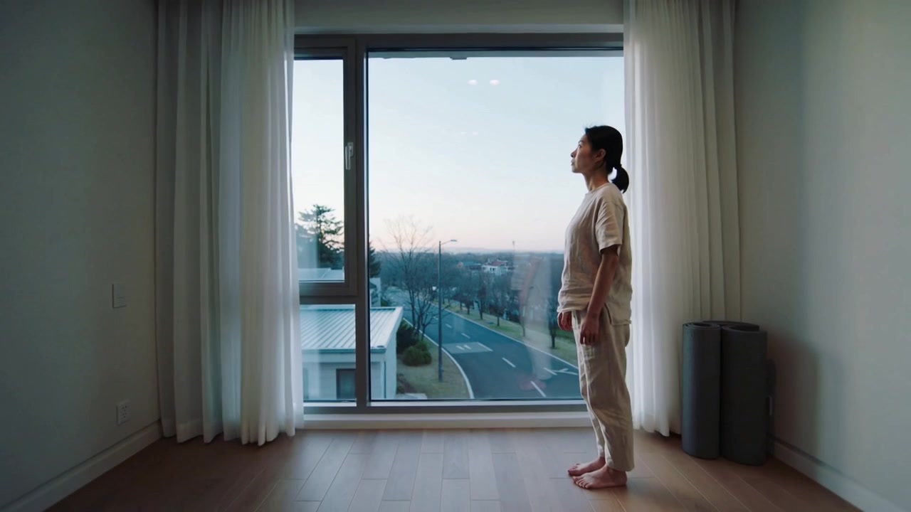 Entering frame woman in loungewear pulling curtain at window, revealing road and trees, copy space