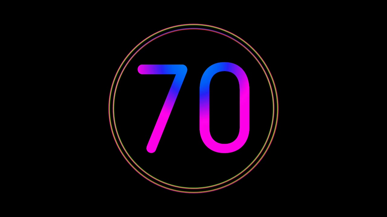 Animação de Número Neon 70 Cintilante Gradiente Azul Rosa Digital Futurista LED Loop Numérico Tecnologia Abstrata em Círculo Luz Motion Graphics Moderno Minimalista Fundo Preto