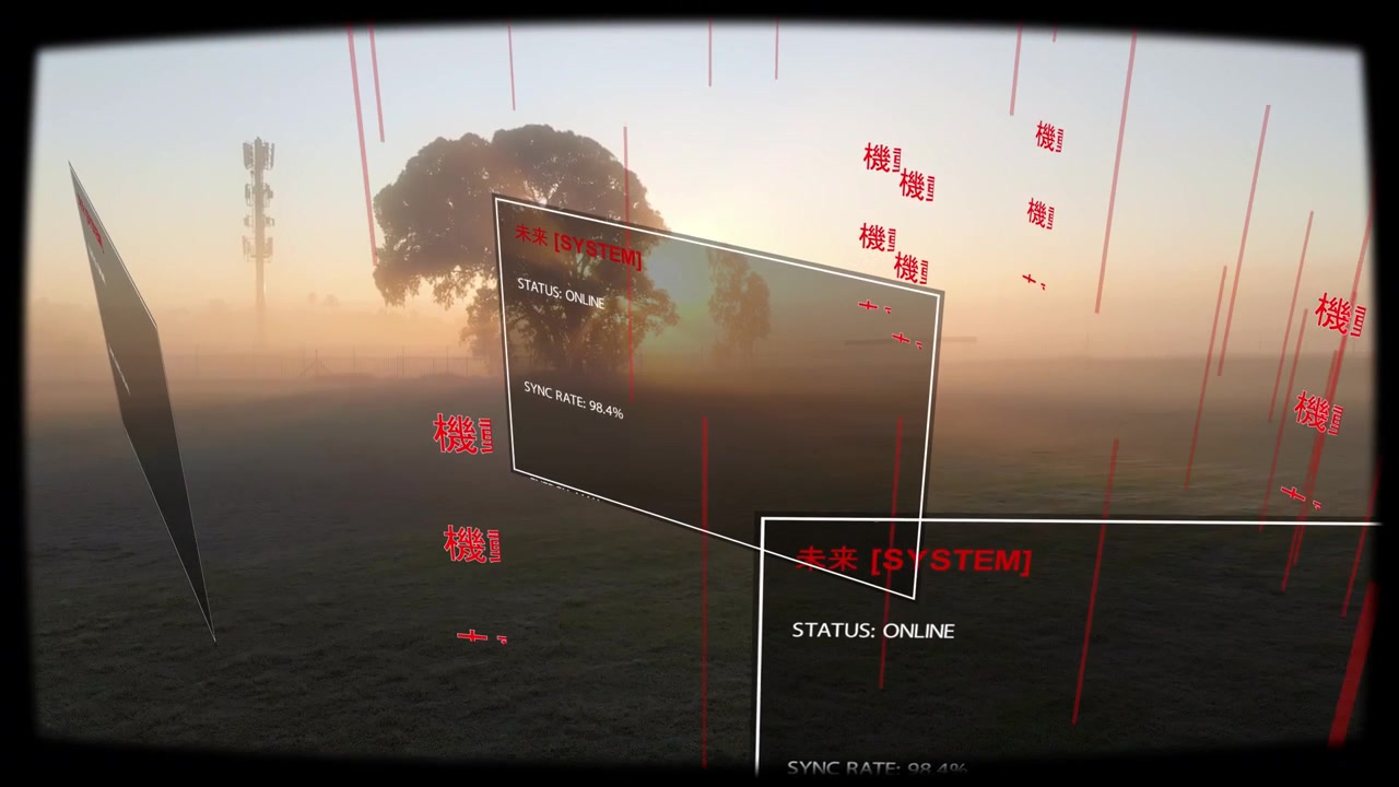 La telecamera si sposta in basso a destra, facendo inclinare e scorrere l'HUD, con glifi rossi in aumento che visualizzano la sincronizzazione.