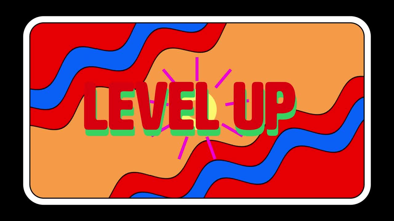 Animation of level up text banner over abstract wavy lines in seamless pattern on black background
