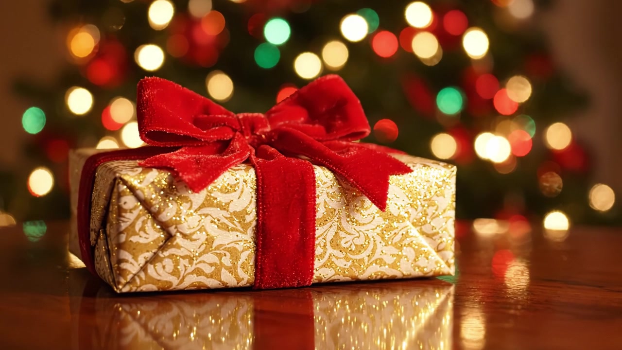 Una scatola regalo dorata splendidamente incartata e adornata con un nastro rosso si erge elegantemente su uno sfondo di luci di Natale scintillanti, simboleggiando gioia e celebrazione.