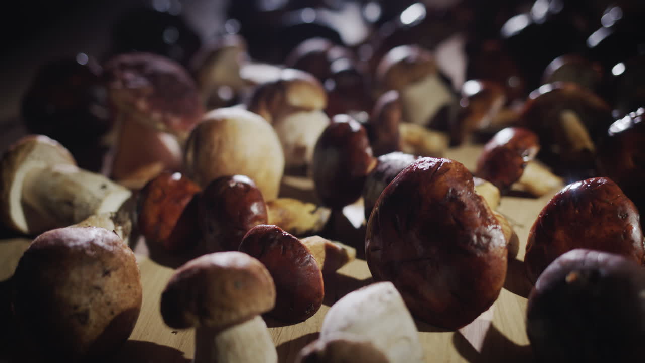 많은 입맛있는 야생 버섯이 테이블 위에 놓여 있습니다. 맛있는 음식의 재료입니다.