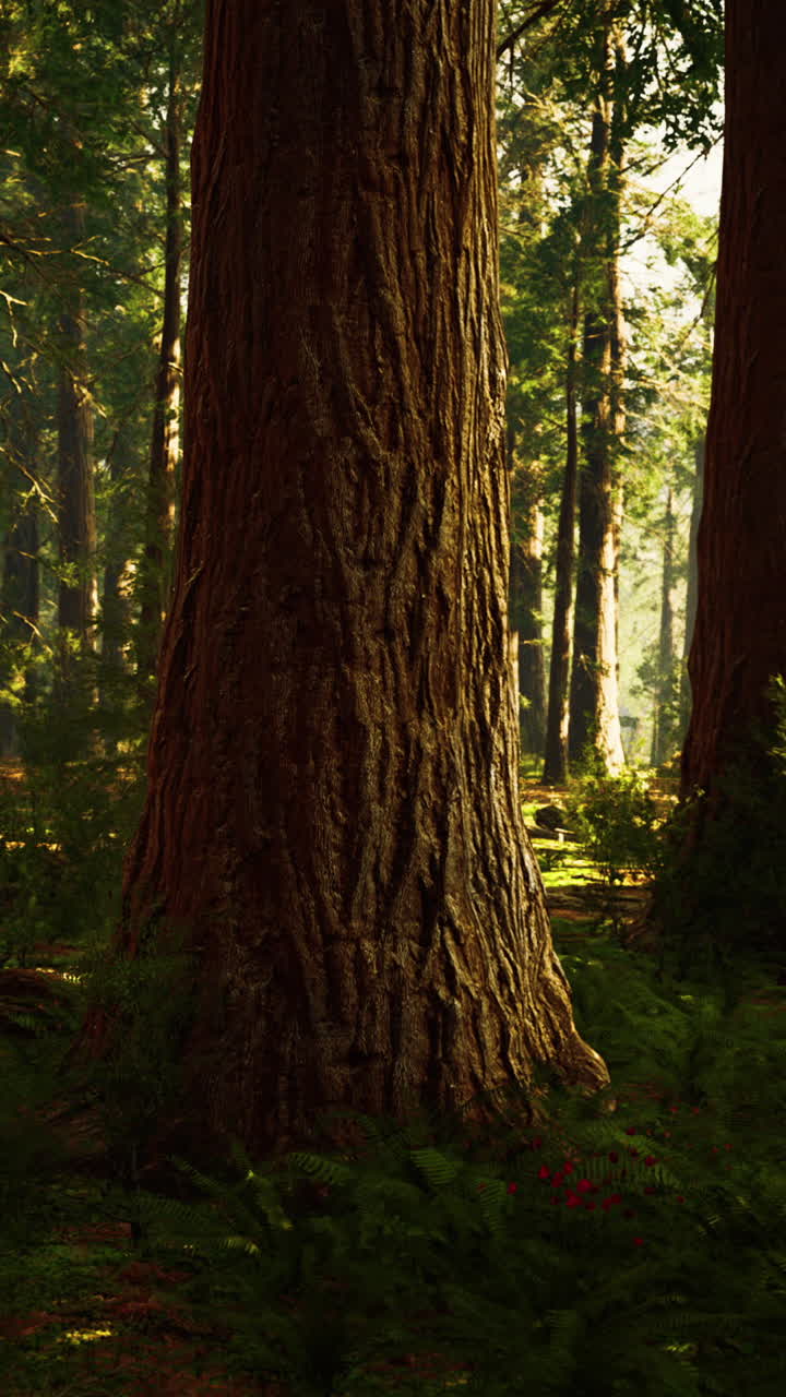 Maestosa foresta di sequoie: luce solare filtrata attraverso alberi antichi