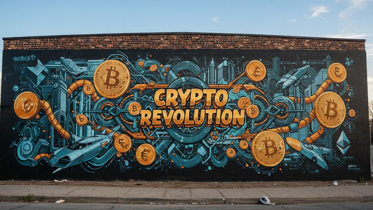 Murale vibrante che raffigura la rivoluzione crypto con valute prominenti, design futuristici ed elementi digitali, che simboleggia l'ascesa della cultura delle criptovalute