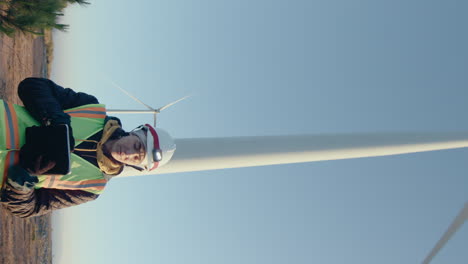 female wind farm technician working with tablet