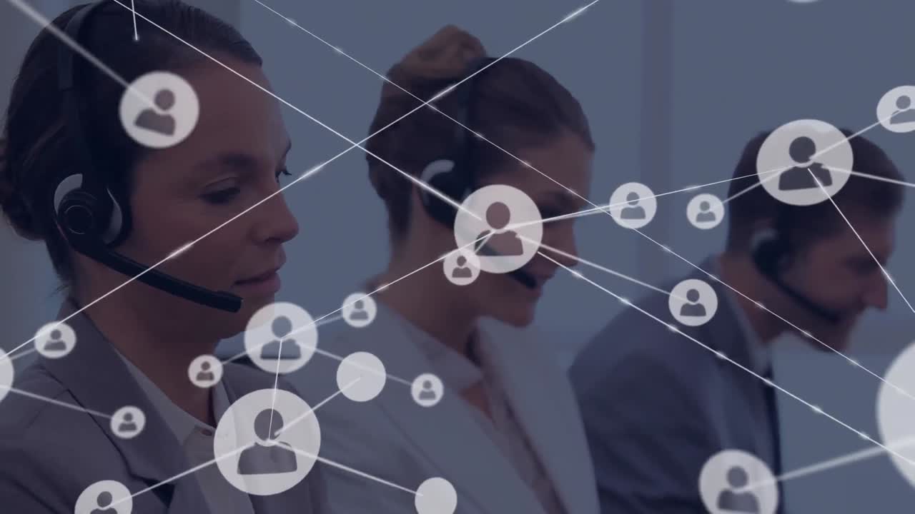 Animation of network of profile icons over caucasian woman wearing phone headset smiling at office
