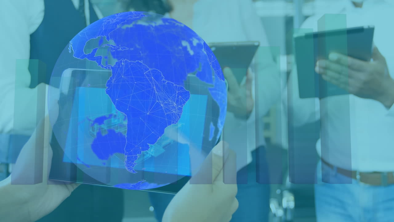 태블릿을 사용하는 사람들에 대한 데이터 처리와 함께 지구의 애니메이션