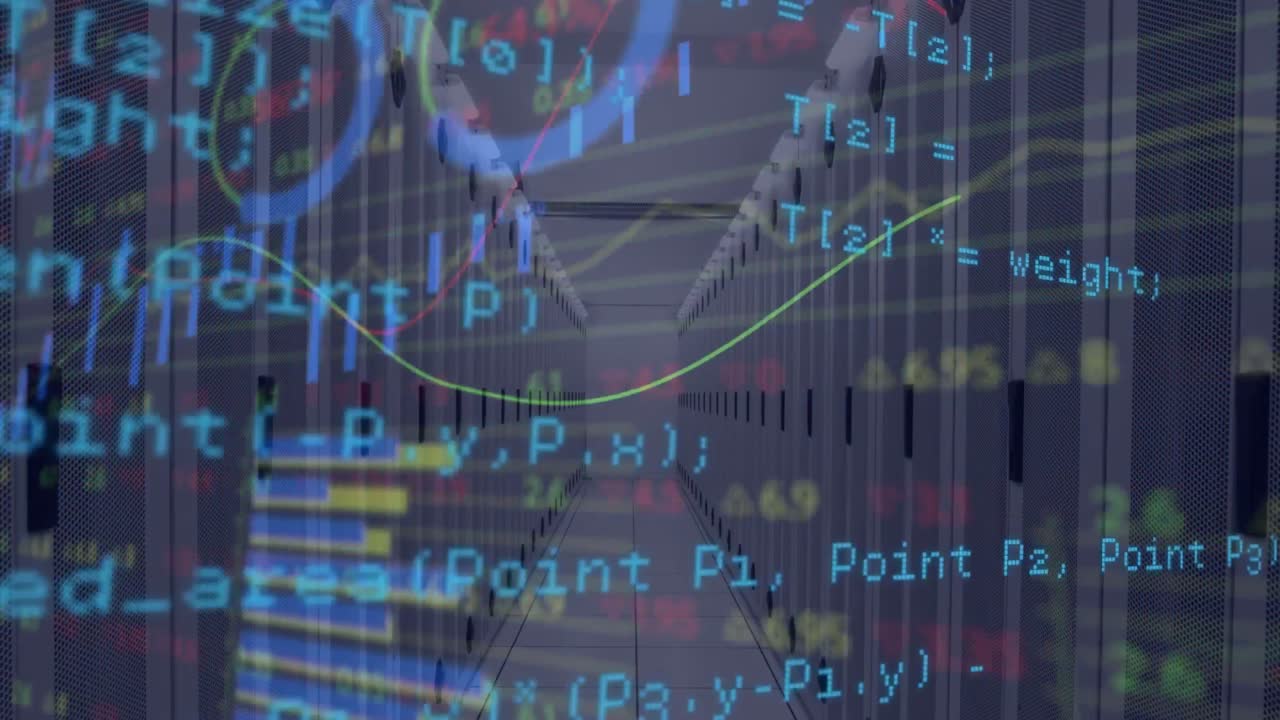 animación del procesamiento de datos y diagrama sobre la sala del servidor