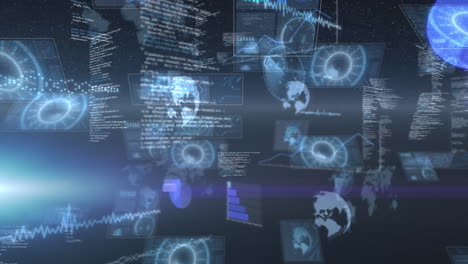 animation of data processing and scopes scanning on screens