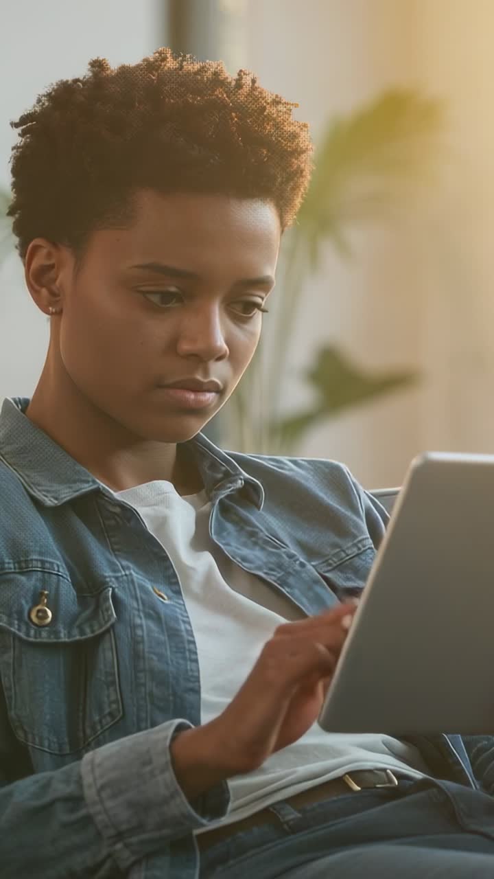 Vertical video: Noticing tablet, woman wearing denim tapping, scrolling on couch at home, studying