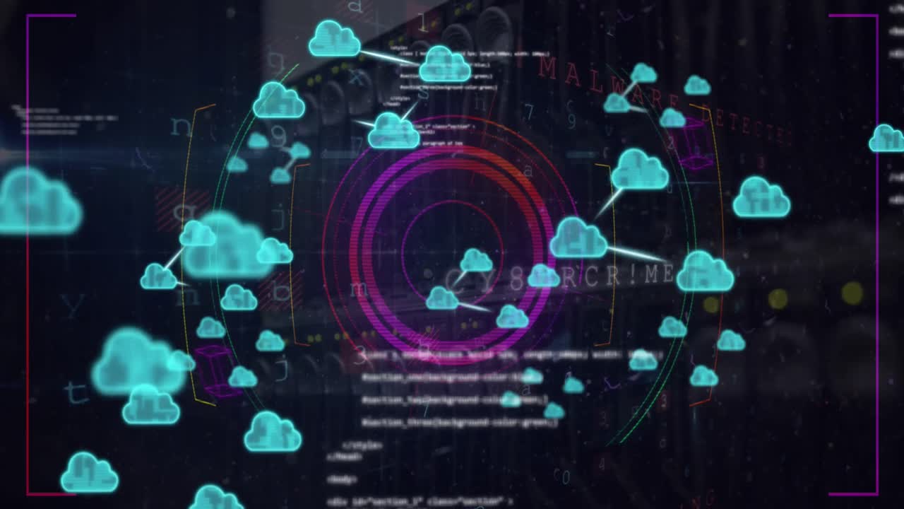 animación de nubes, círculos, lenguaje informático, letras, textos, números, equipos electrónicos