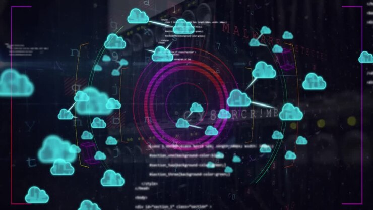 Animation of clouds, circles, computer language, letters, texts, numbers, electronic equipment