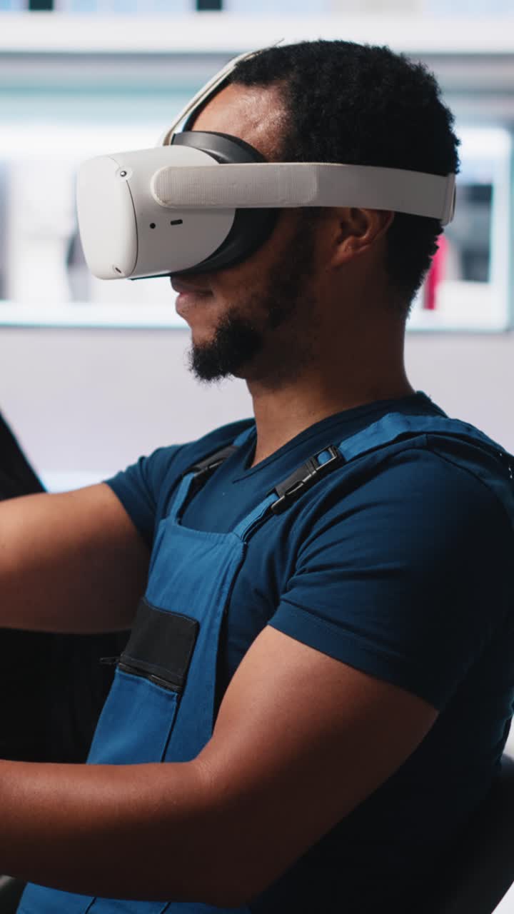 Vertical Video African american technician in solar panels plant using VR goggles