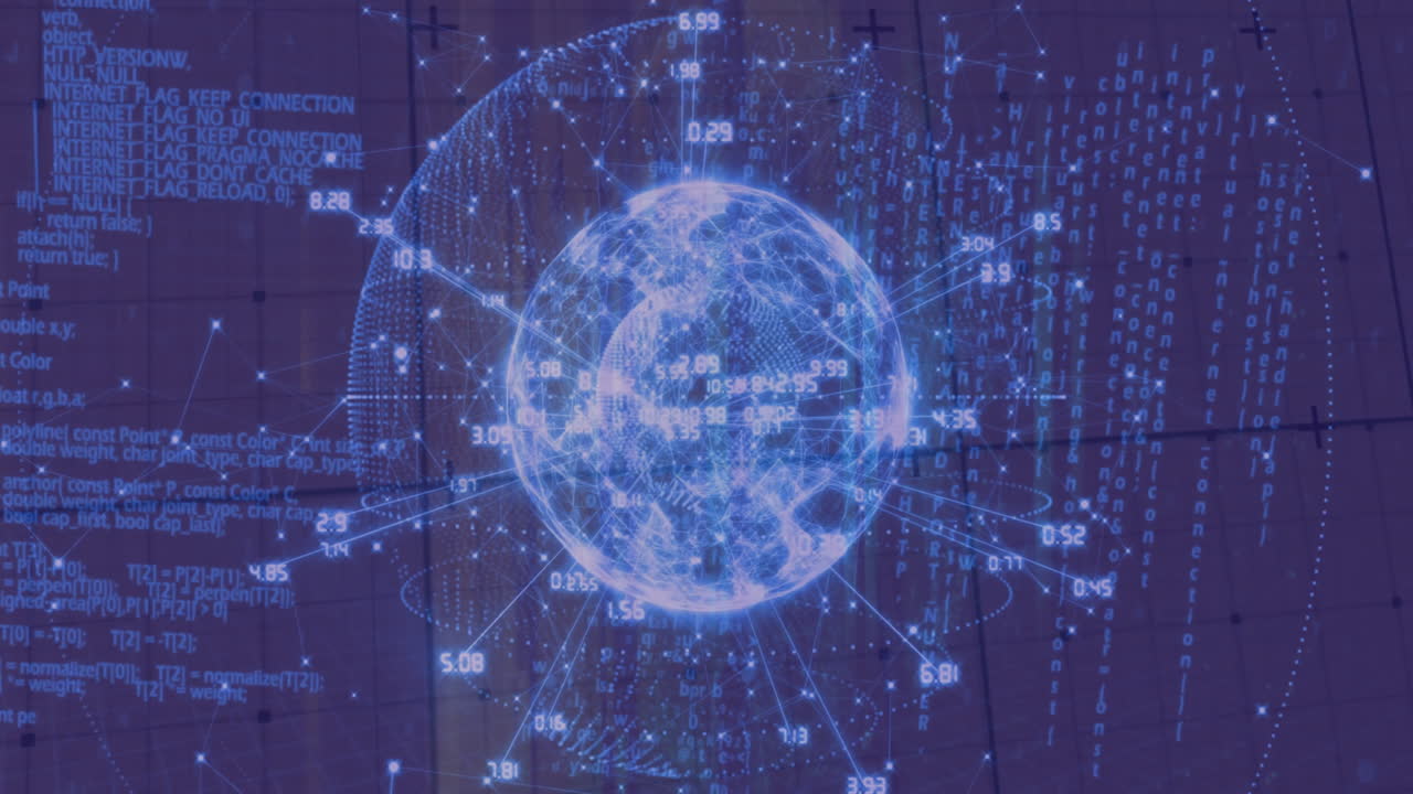 Animation of digital globe with data points and binary code on blue background