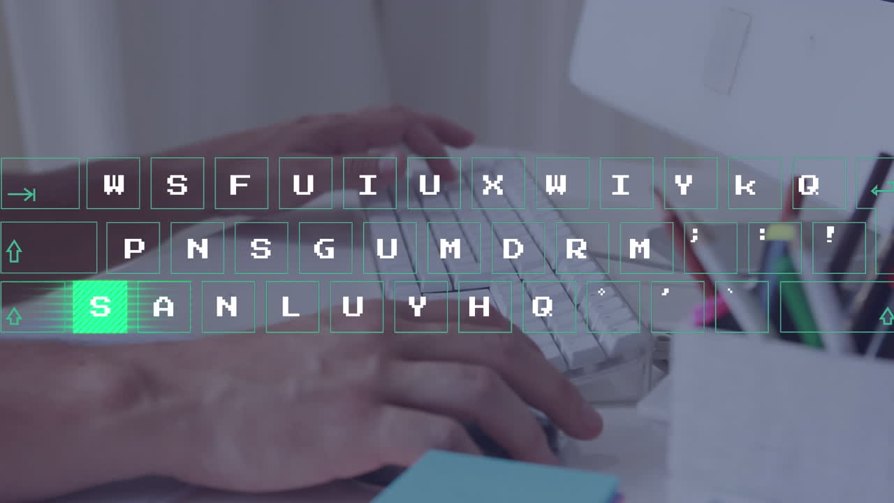 가상 키보드 데이터 처리의 애니메이션 컴퓨터를 사용하는 사람의 중간 섹션에 대하여