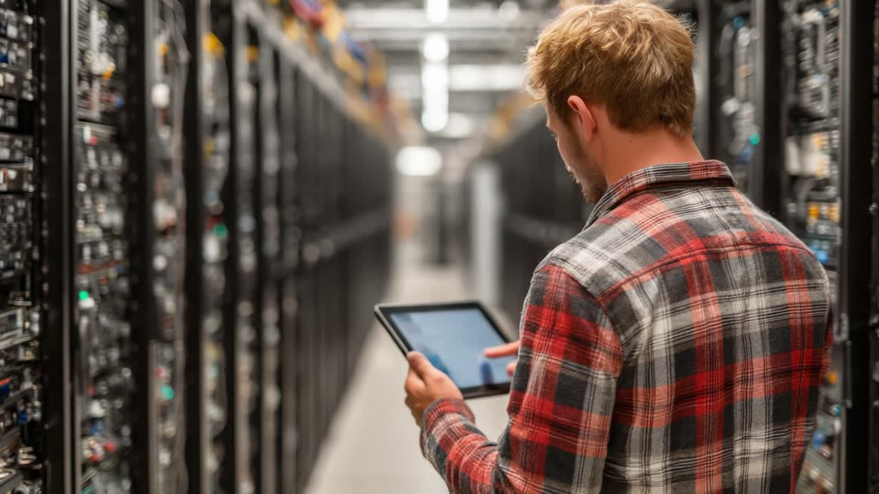 A Data Center Technician Accesses Server Information on a Tablet While Surrounded by Rows of High-Tech Servers, Ensuring Optimal Functionality in a Modern Computing Environment