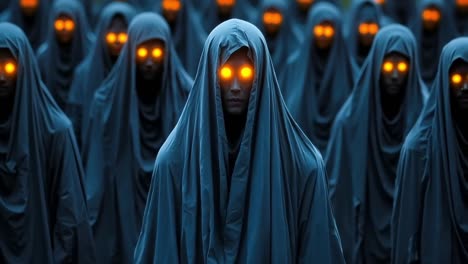 a group of people in black robes with orange eyes