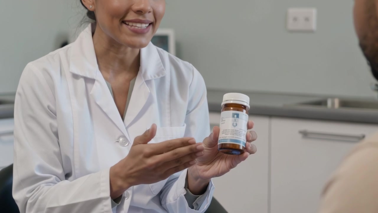 Operatrice sanitaria in camice da laboratorio prende una boccetta di pillole, spiega il dosaggio e indica l'etichetta, in clinica.