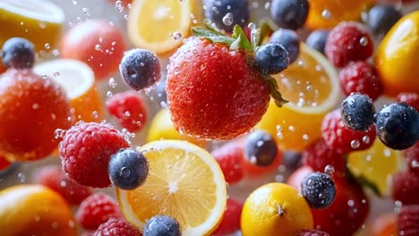 dynamic assortment of fresh fruits with water droplets
