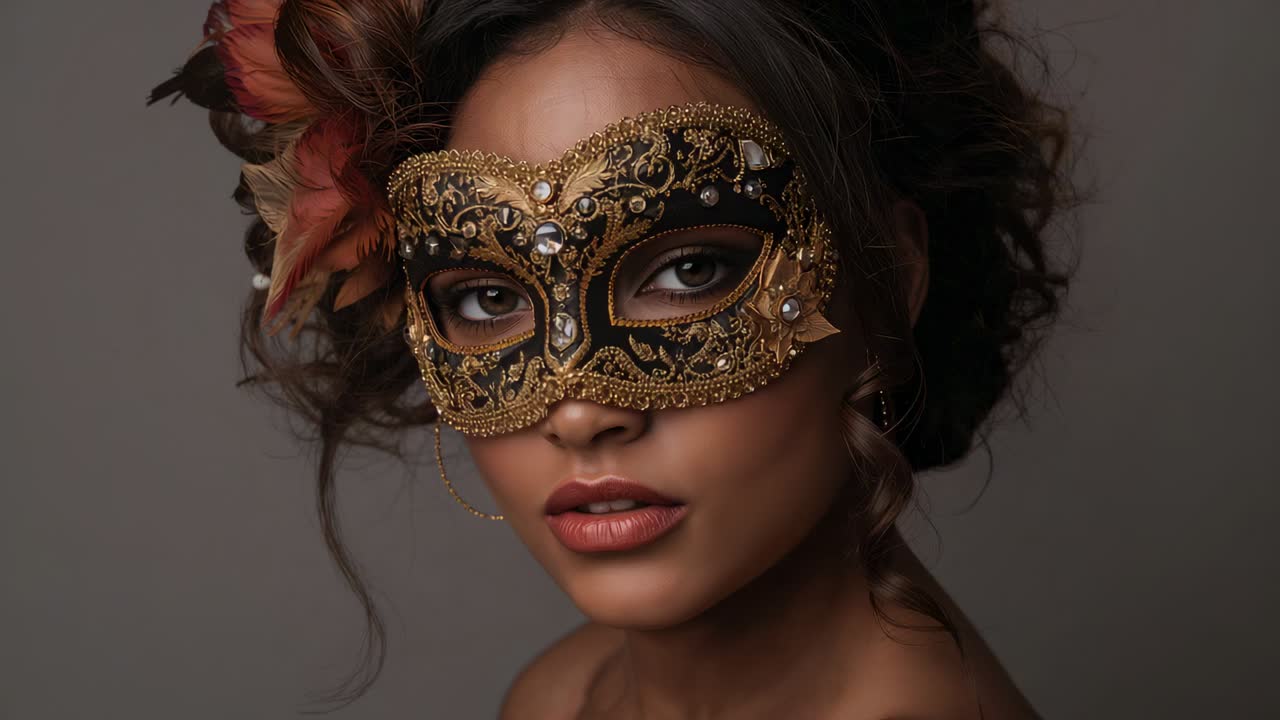 Tilting chin and smiling, strapless woman responding to cue in studio, gold mask with feather