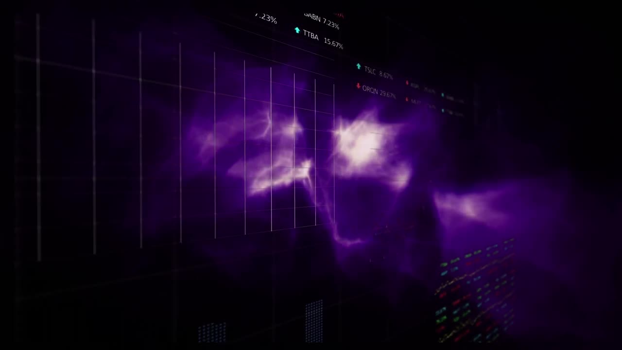Animation of graphs and data processing over violet and black background