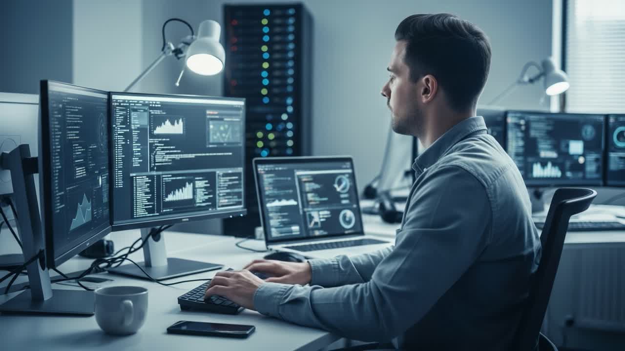 Focused Programmer Analyzing Data on Multiple Screens in a Modern Office Environment, Demonstrating the Use of Technology in Software Development and Data Analysis