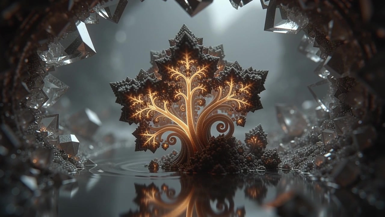 Responding to core glow ornate fractal tree emitting orange veins on reflective pool, camera moving