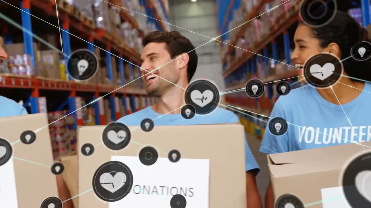 animación de la red de conexiones con iconos sobre diversos voluntarios que trabajan en el almacén