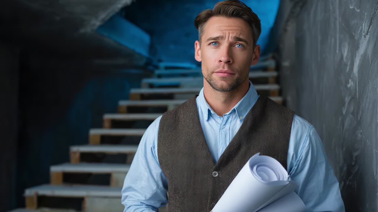 A Thoughtful Architect Standing at the Staircase with Blue Lighting, Holding Architectural Plans in a Modern, Minimalist Interior Design Context, Reflecting on His Next Project and Creative Ideas