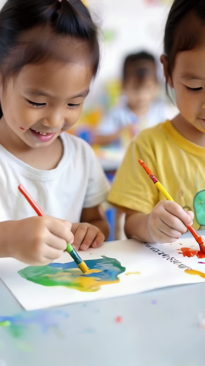Smiling asian female children joyfully painting using vibrant colors, in kindergarten.