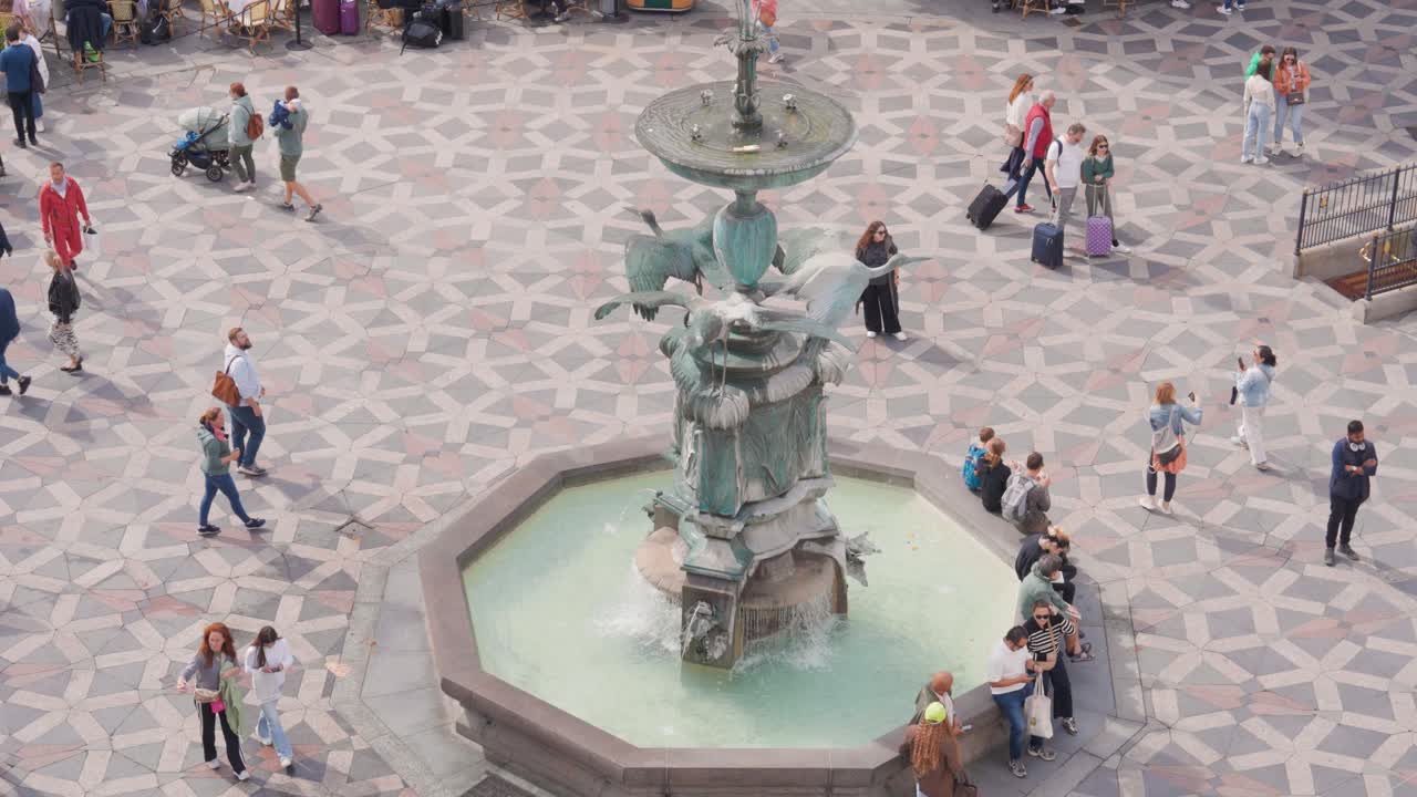 High angle view of stork fountain on Amagertorv square in central Copenhagen