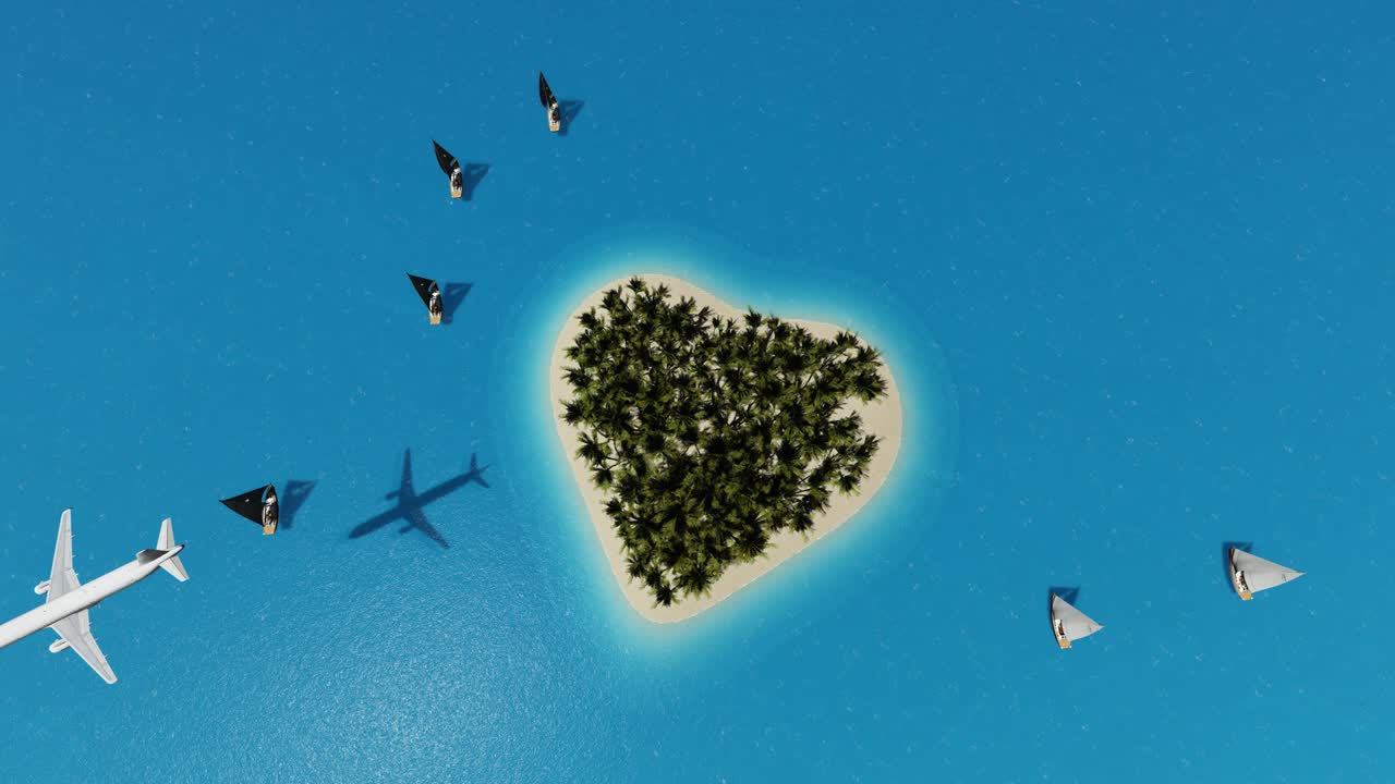 여행 컨셉, 섬 풍경, 파라다이스 바다 풍경, 이국적인 자연, 비즈니스 제트 일러스트레이션, 아름다운 하늘, 3d 비행기 운송 디자인