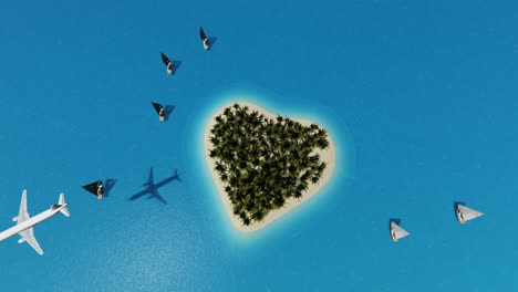 amazing with airplane fly tropical island. travel concept. island landscape. paradise ocean landscape. exotic nature. business jet illustration. beautiful sky. 3d airplane transport design. 4k