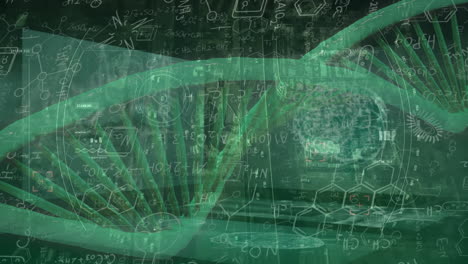 Animation-of-dna-strand-and-chemical-compounds-over-cityscape