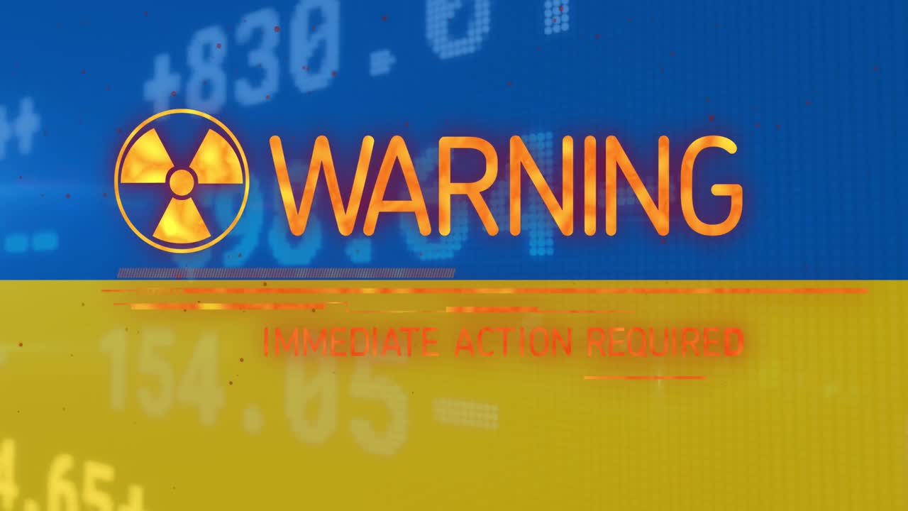 animación del texto de advertencia y el símbolo sobre la bandera de ucrania