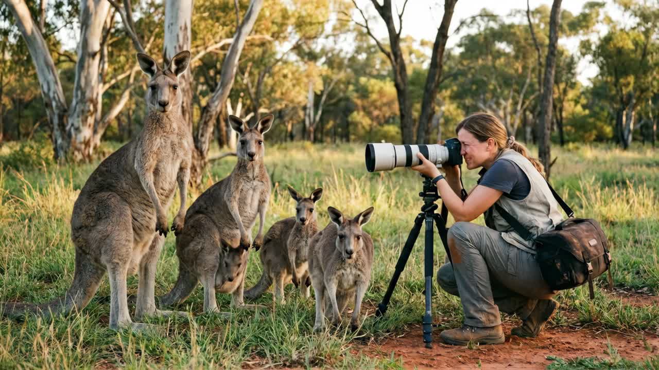 Fotografin nimmt Kängurus im australischen Busch mit einem Teleobjektiv auf