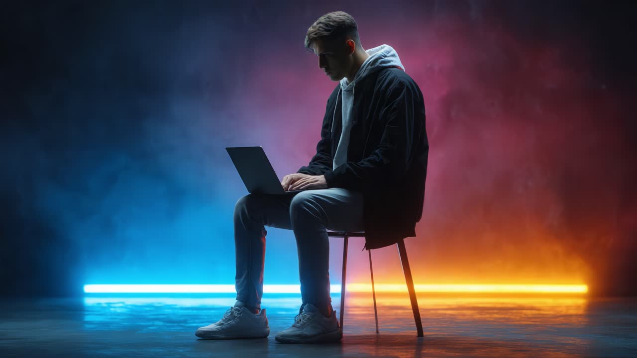 A Thoughtful Young Man Sitting on a Chair with a Laptop, Encased in Colorful Lighting Against a Dramatic Background, Reflecting Concentration and Creativity