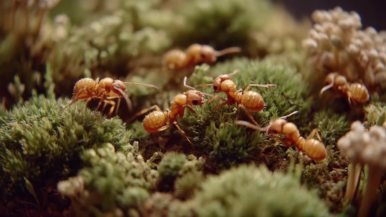 A Close-Up Observation of Ants Moving Through Their Natural Habitat, Showcasing Their Behavior and Interaction on a Lush, Green Surface
