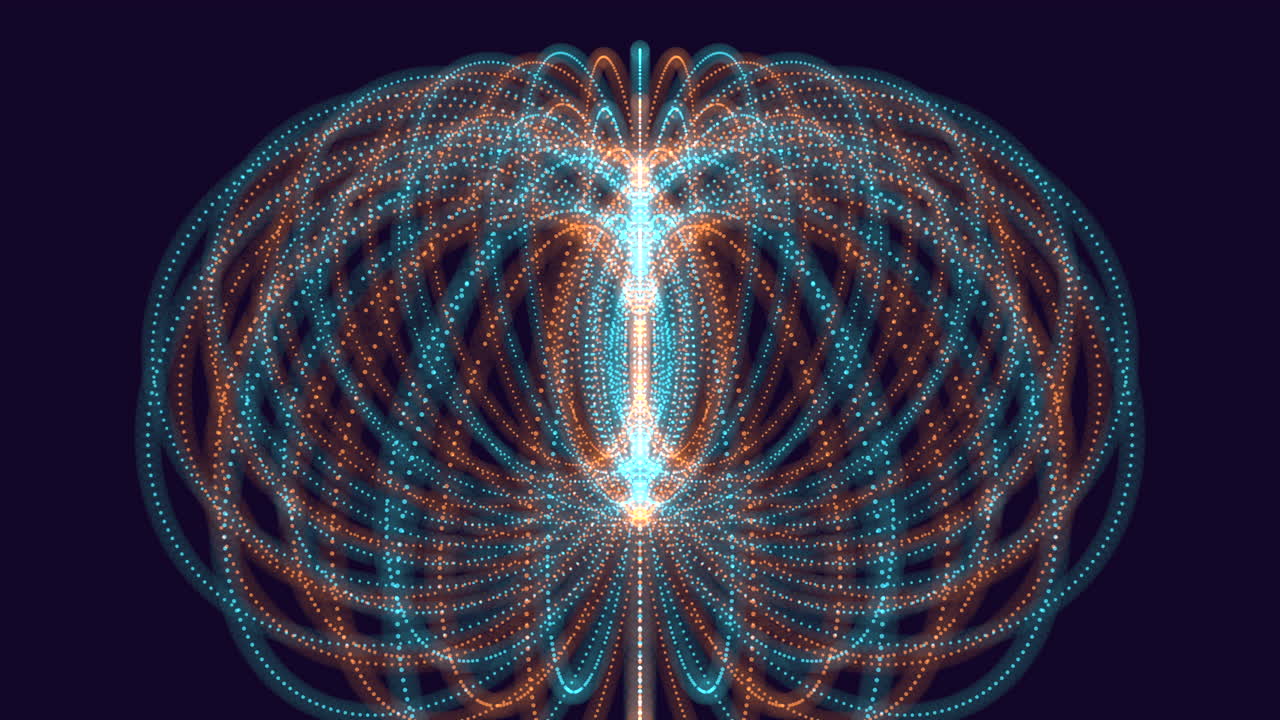 Dynamic abstract of glowing blue and orange particles tracing curved field lines to form a 3D magnetic energy sphere on a dark background, ideal for science, technology and data visualizations