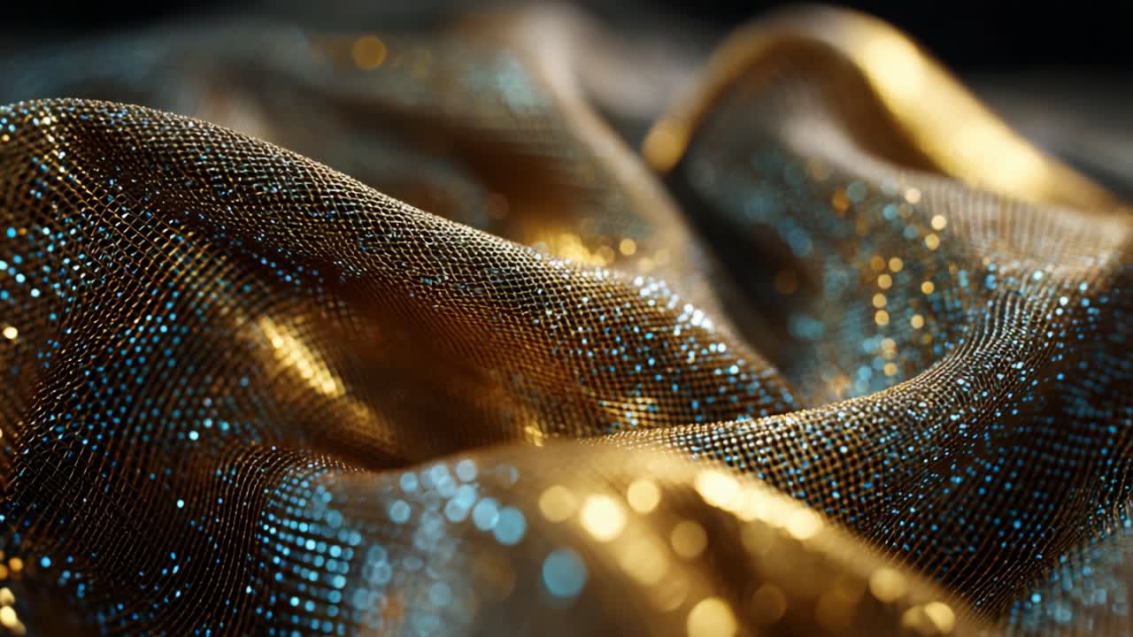 Gleaming Fabric: A Stunning Close-Up of Radiant Gold and Blue Textile Capturing Light and Texture in a Luxurious Draping Display that Exudes Elegance and Richness