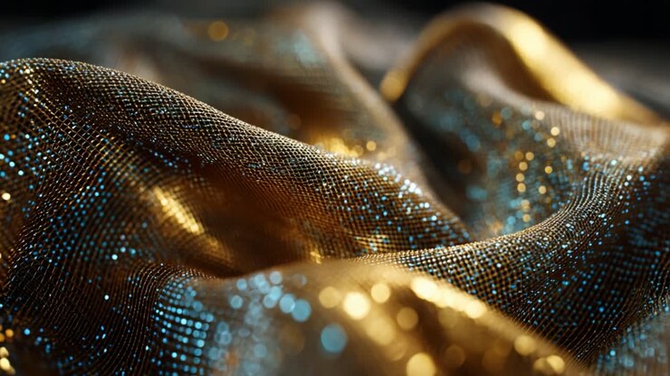 Tessuto lucente: una straordinaria immagine ravvicinata di un tessuto dorato e blu brillante che cattura luce e texture in un lussuoso drappeggio che emana eleganza e ricchezza