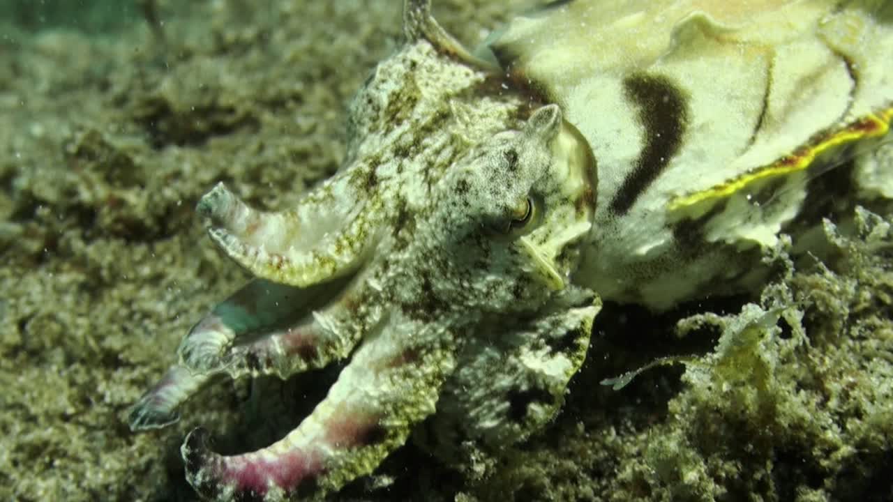 암컷 현란한 오징어는 지하 산호초와 일치하는 옅은 색상을 보여주는 암초 위를 걷고, 머리와 팔을 보여주는 클로즈업 샷