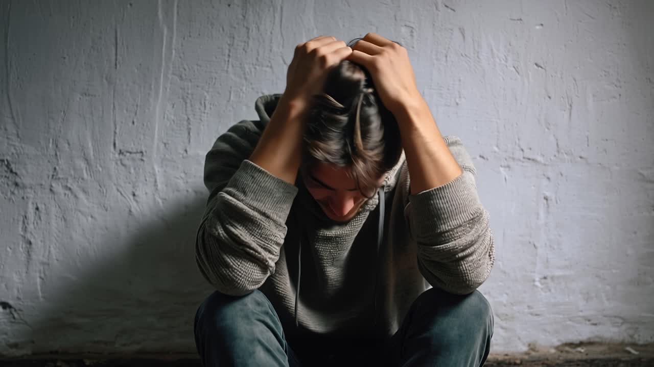 Person sits alone, head in hands, against a plain wall. Their posture shows deep distress and fatigue. The dim lighting emphasizes isolation and sorrow. This scene captures raw emotional struggle