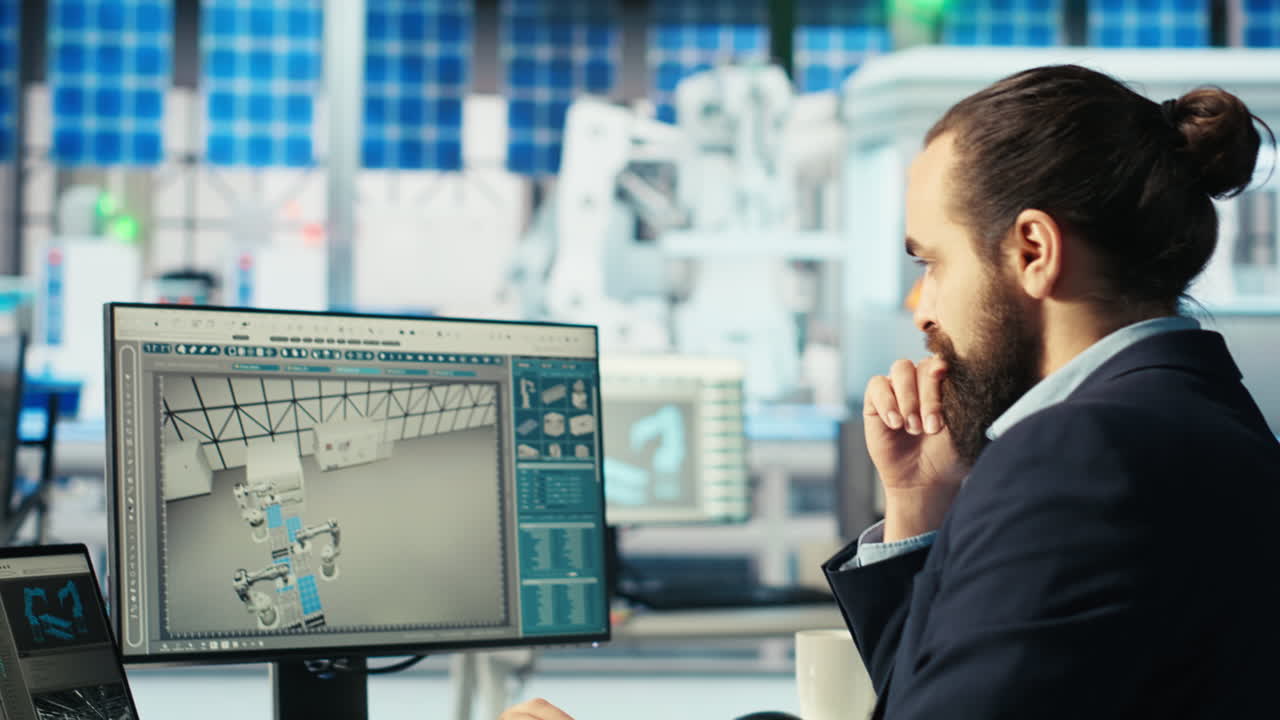 uomo che utilizza un notebook per ottimizzare l'approvvigionamento energetico nell'impianto di produzione di pannelli solari