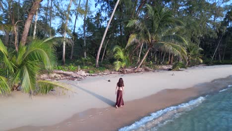 woman from behind walking alone with long skirt through waves on paradise beach