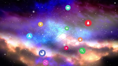animation of digital social media icons and network of connection over clouds background