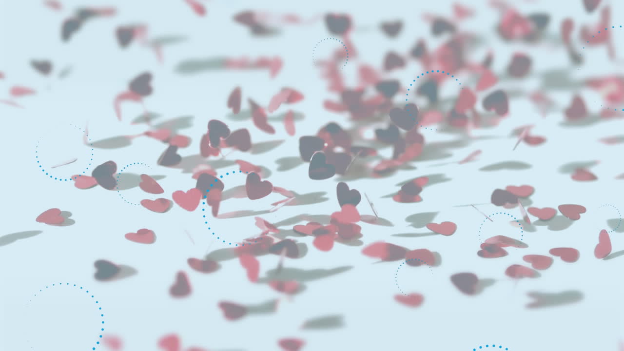 ⁇ 색 배경에 떨어지는 여러 개의 심장 위에 떠다니는 여러 개의 두드러기 아이콘